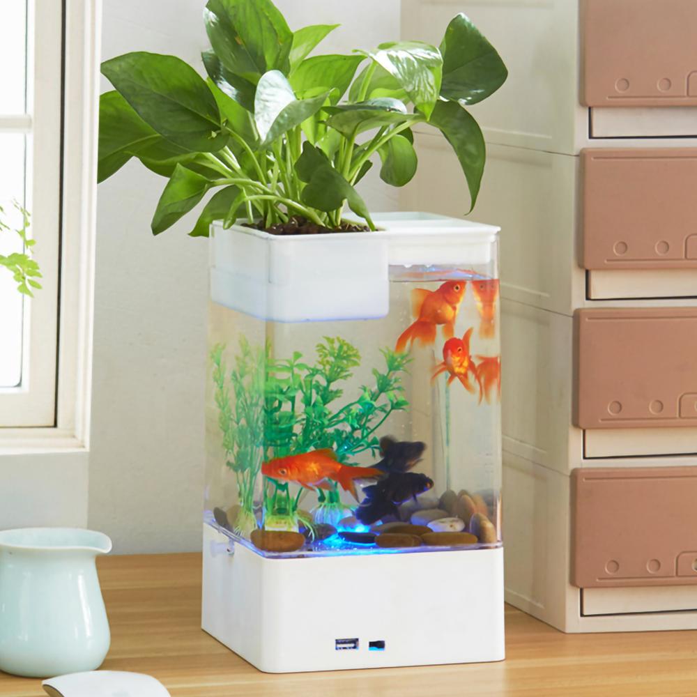 Mini Acrylic Betta Fish Tank USB Desktop Marine Aquaponic Aquarium Fishes Bowl Self-cleaning LED Portable Indoor Decorations