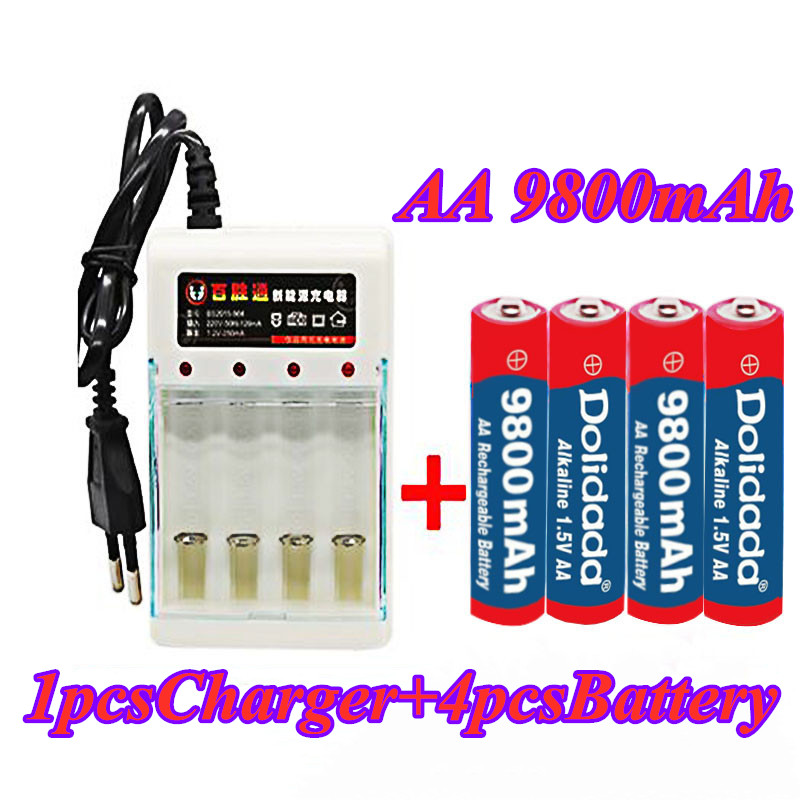 Pile 1.5 V AA 9800 mah batterie rechargeable AA 1.5 V. Chargeur de batterie 4 pièces Rechargeable Alcalinas drummey + 1 pièces: WHITE