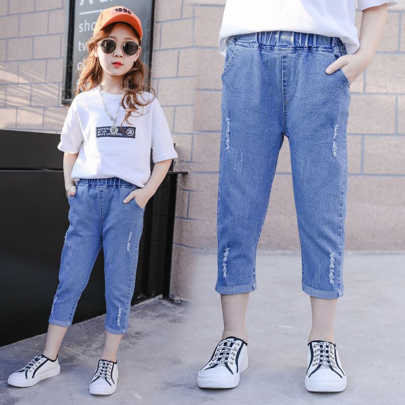 Pantalones vaqueros rasgados para niñas y adolescentes, Jeans sueltos de Color gris y azul, ropa informal con agujeros, X167, novedad de verano