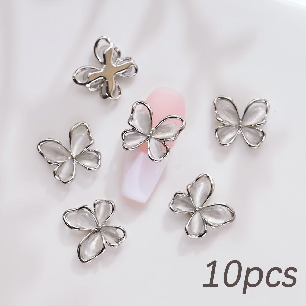 10Pcs Siver White Crystal Butterfly Nail Charms 3D Hollow Cat's Eye Alloy Zircon Nail Gems Luxury Diamond Butterfly Nail Charms: black