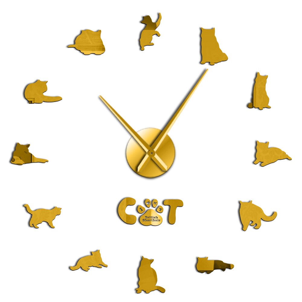 Britisk korthår kat wallsticker dekorativt gør-det-selv stort vægur grå kat rammeløs kat silhuet tal moderne ur ur: Guld / 27 tommer