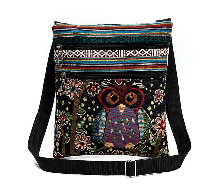 Vintage Frauen Kleine Taschen Cartoon Eule Druck Schulter Messenger Taschen Leinwand Nationalen Doppel-reißverschluss Mini Flap Bag Frau: D