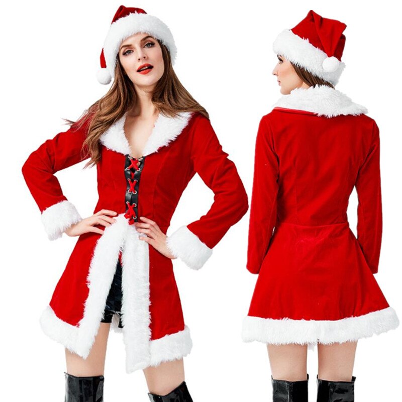 M-XL Lady Kerst Kostuums Kerstman Voor Volwassenen Rode Kerst Kleding Kerstman Kostuum Jas + Hoed + Shorts