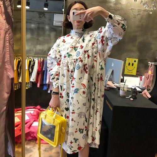 Superaen koreaanse a-lijn cartoon graffiti print staande kraag losse midi-kuit lantaarnmouw poppenjurk voor vrouwen: Default Title