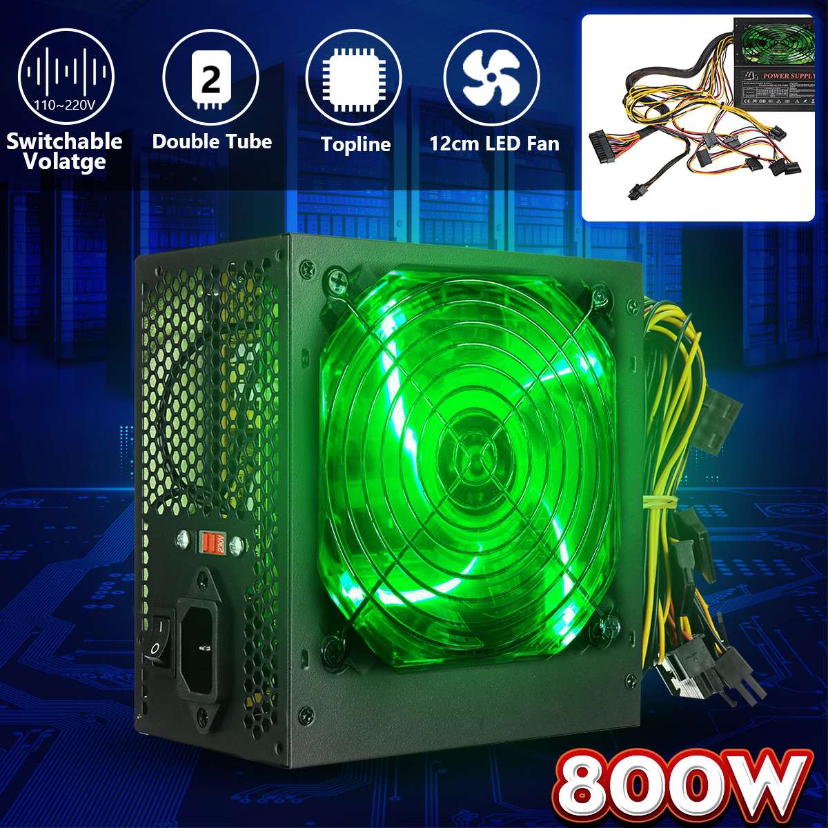 Fuente de alimentación de PC de 800W 110 ~ 220V ventilador silencioso LED de 12cm con control inteligente de temperatura Intel AMD ATX 12V para ordenador de escritorio