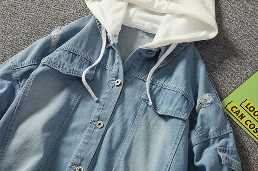Lente heren spijkerjas met capuchon los casual persoonlijkheid stiksel patch straat trend