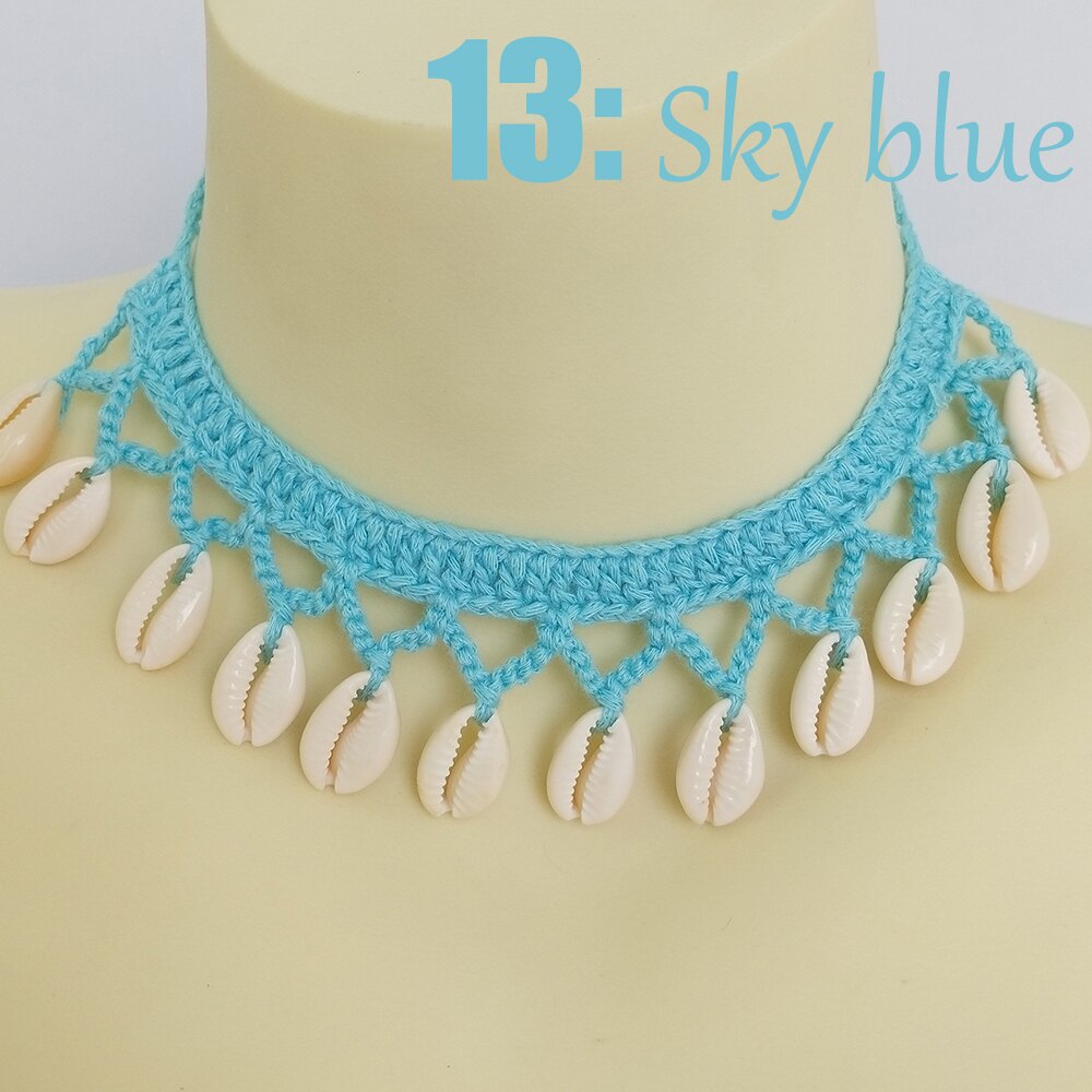 Buy 2 Get 30% Off Girl Cute Sea Shell Choker Necklace Crochet Bohemian Beach Tassel Necklace Shell Chain For Women Pendant: sky blue