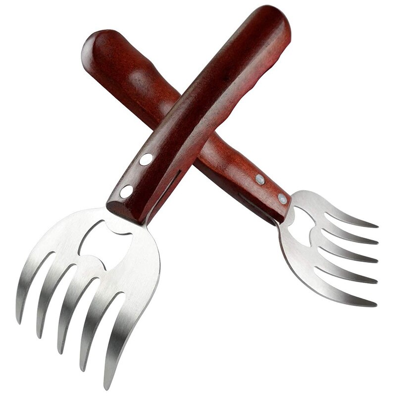 Meat Shredding Claws Stainless Steel Pulled Pork Shredder Meat Slicer for BBQ Long Wood Handle (2 PCS): Default Title