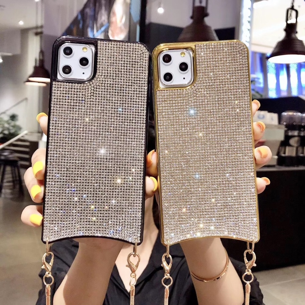 Diamond Crossbody Case For iPhone XS MAX XR X 6 8 7 Plus 11 Pro Cover Bling Glitter Rhinestone Women With Long Strap Metal Chain