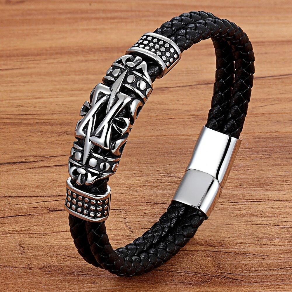 Classic Men Jewelry Leather Bracelets Stainless Steel Bracelets Black Rope Chain Wristband for Male Magnet