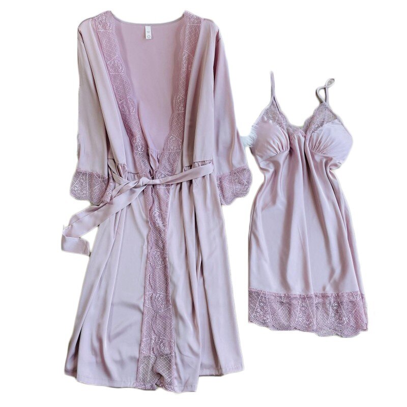 Vrouwen Met Beha Intieme Robe Gown Set Sexy V-hals Band Nachtjapon Lente Herfst Faux Zijde Nachtkleding Pyjama Zoete Kant Nachtkleding