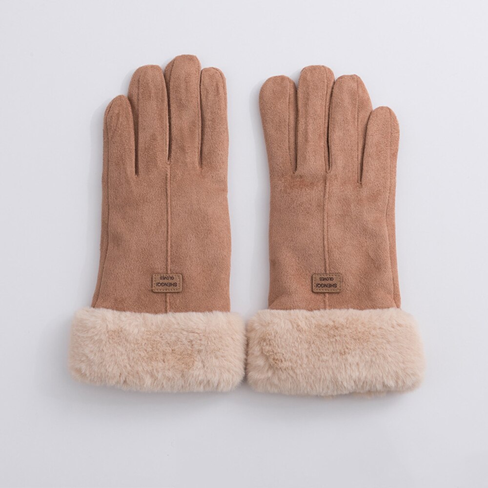 Female Winter Lace Warm Cashmere Cute Mittens Suede Leather Double Thicken Plush Full Finger Wrist Touch Screen Driving Gloves