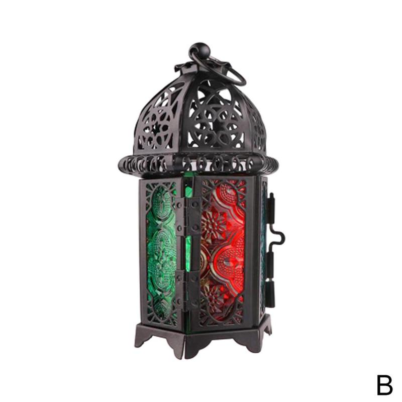 Marokkaanse Stijl Kaarshouder Votive Kaarshouder Opknoping Ijzer Decoratie Lantaarn Kandelaar Glas Lantaarn Stained Thuis O3G9: stained glass-black