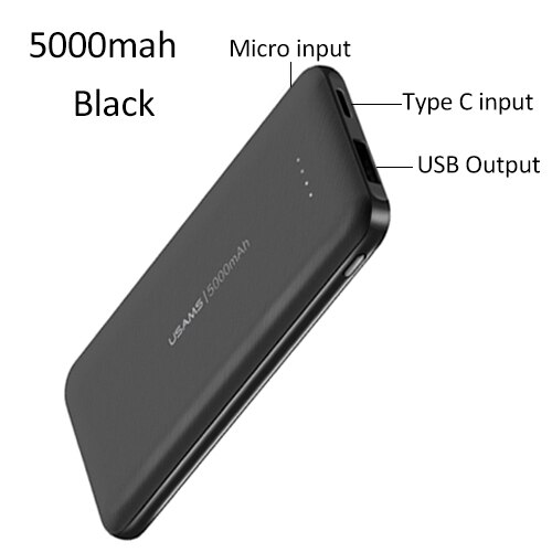 5000mAh Mini Power Bank for iPhone Samsung,USAMS External Battery Poverbank Ultra-thin powerbank Type C fast charging pover bank: 5000mah Black