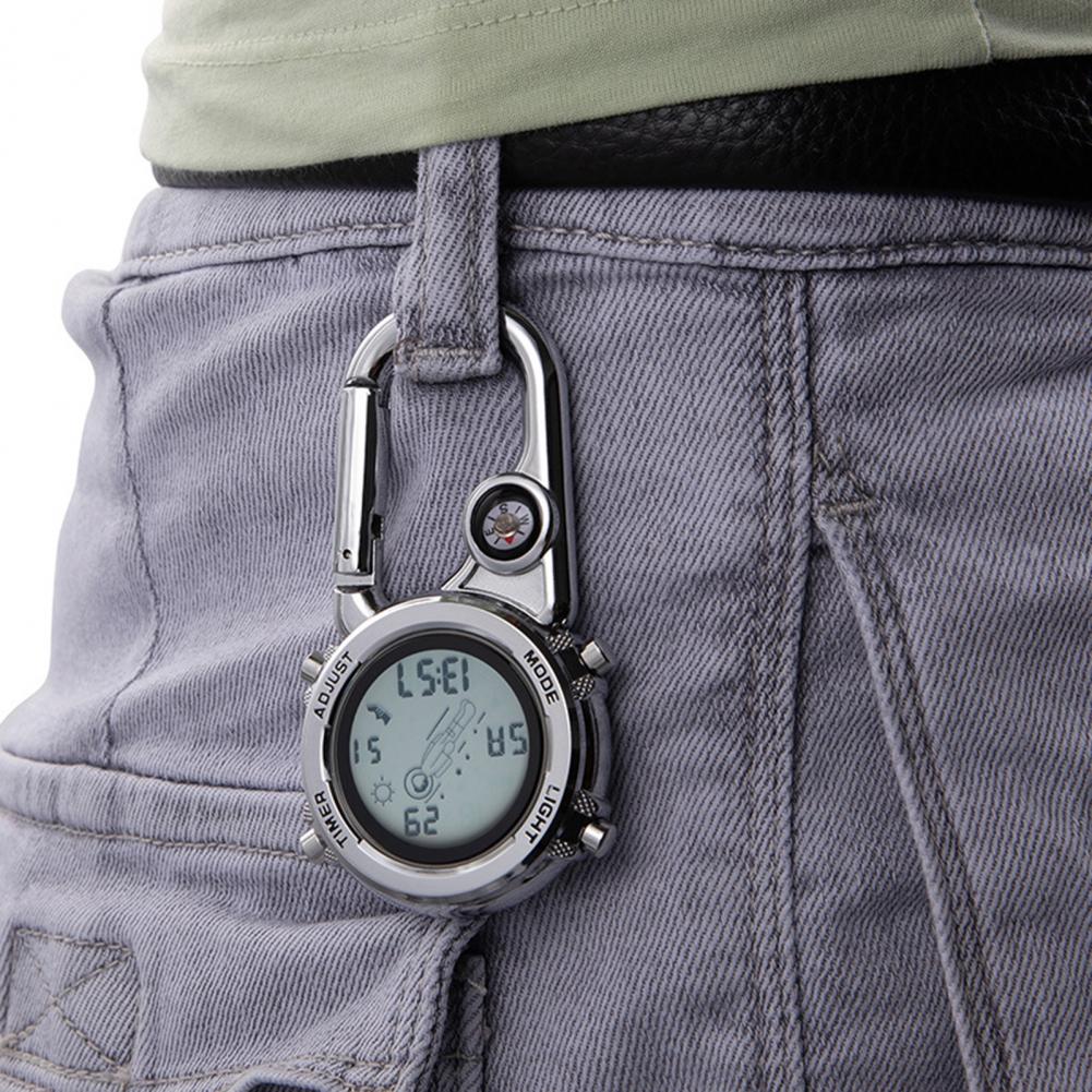 Digital Carabiner Watch Shock Resistant Waterproof Backpack Belt Clip on Watch Outdoor Compass Bottle Opener Luminous Clock