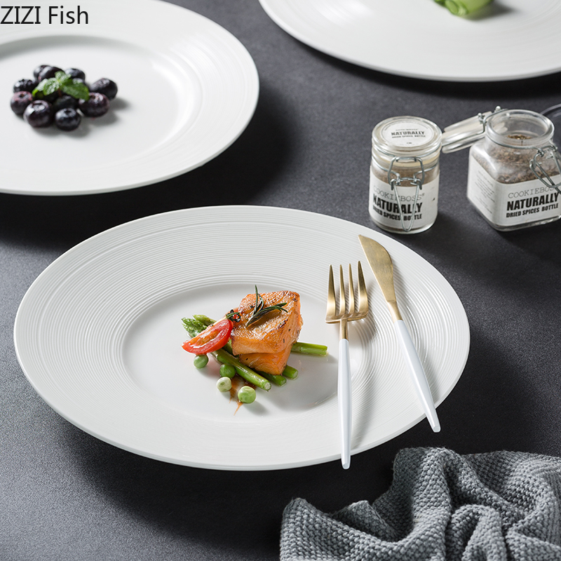Assiette à dîner en céramique blanche, plats exquis de décoration, assiette à Steak et à Dessert, vaisselle ronde de cuisine pour la maison