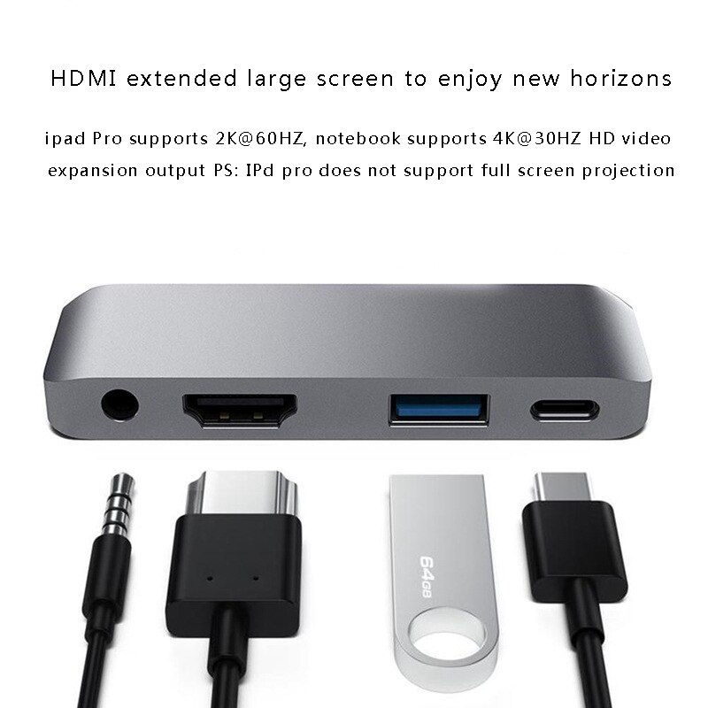 Type C to HDMI Four in One Hub USB-C to HDMI + 3.5mm + USB + PD Hub Type-C Docking Station