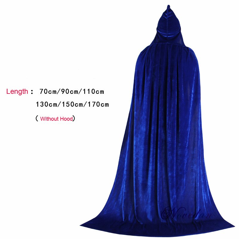 Adulto crianças halloween veludo capa com capuz traje medieval bruxa wicca vampiro elfo purim festa de carnaval: Length 90cm / Blue