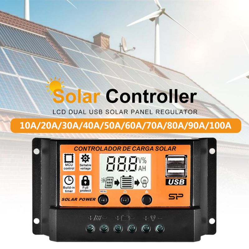 MPPT-controlador de carga Solar con pantalla LCD automática, regulador de Panel Solar USB Dual, 10A/20A/30A/40A/50A/60A/70A/80A/90A/100A