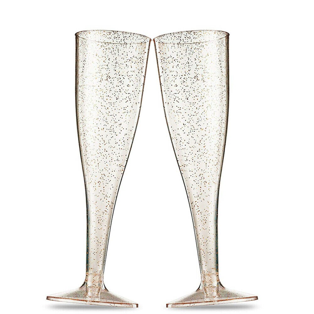 5pcs Gold Glitter Plastic Champagne Flutes ~ 6 Oz Clear Plastic Toasting Glasses