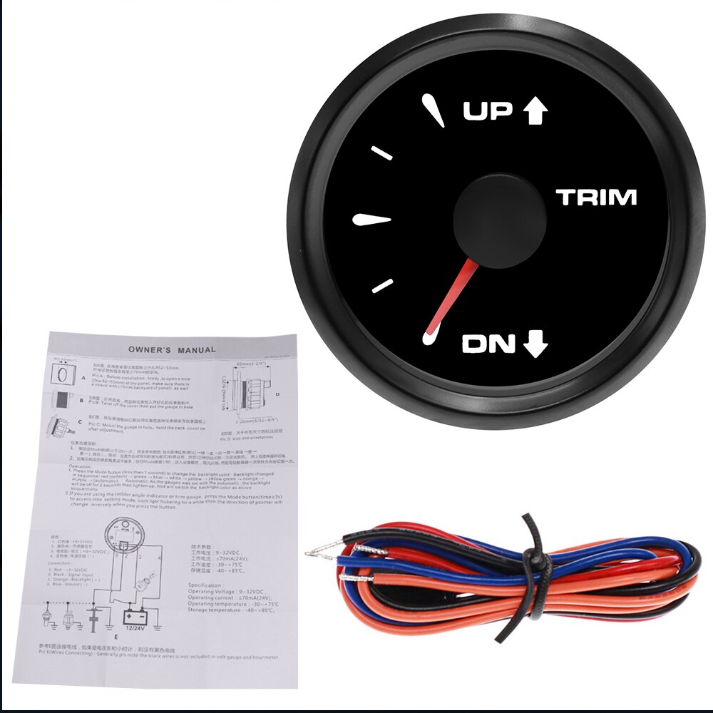 52mm Boat Trim Gauge Tilt Indicator For Inboard Outboard Engine 0-190 ohm UP-DN Electric Trim Gauge Marine Accessories