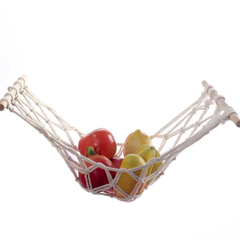 Home Kitchen Storage Baskets Wood Stick Holding Fruit Vegetable Hanging Hammock