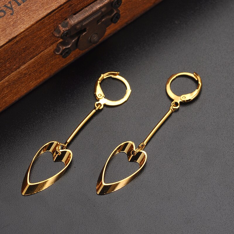 Pendientes largos de oro fino y amarillo de 14 k para mujer, pendientes largos con forma de corazón y pala, estilo Vintage Hollywood,