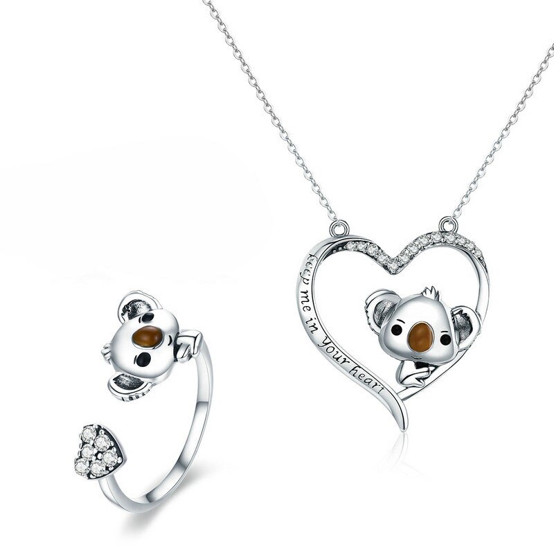 Bisaer ægte 925 sterling sølv smykker sæt koala bjørn mor kærlighed hjerte halskæde ringe sæt kvinder smykker sæt sølv 925 smykker: Halskæde ring