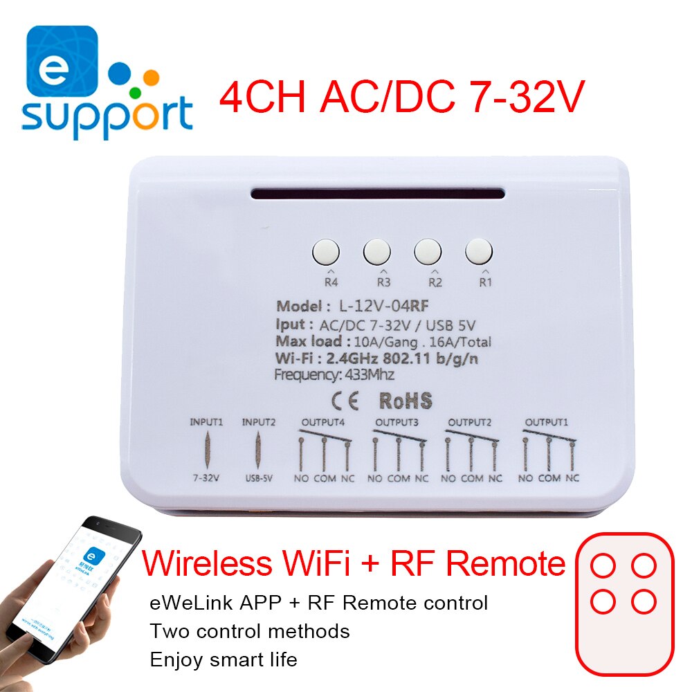 Wifi Smart Met Shell Switch Module Voor Verlichting/Huishoudapparatuur 4ch 10A Relais Ac/Dc 5/12/32V Ewelink Genieten Smart Leven: 7-32V RF