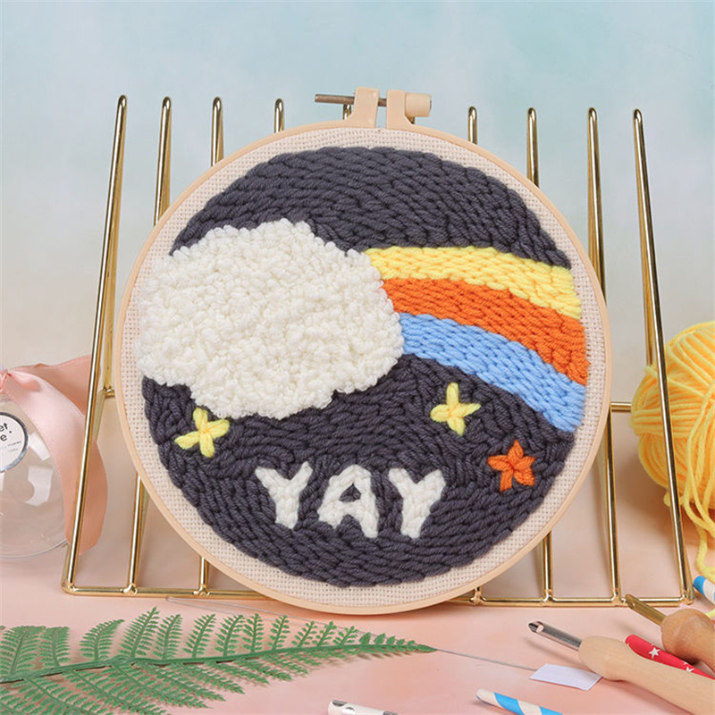 Scenery Moon Punch Needle Embroidery Starter Kits DIY Craft Set Rug Hooking Punch Needle Tool With Threader Fabric Wool Yarn: Light Grey