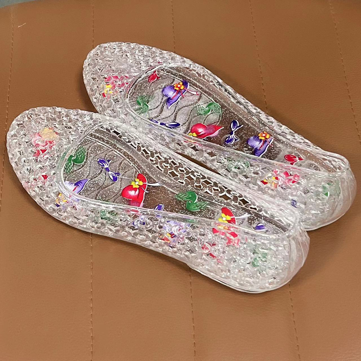 Sandalias De Mujer, Sandalias planas con lentejuelas para Mujer, zapatos De gelatina para playa para Mujer, Sandalias planas transparentes: Oro / 36