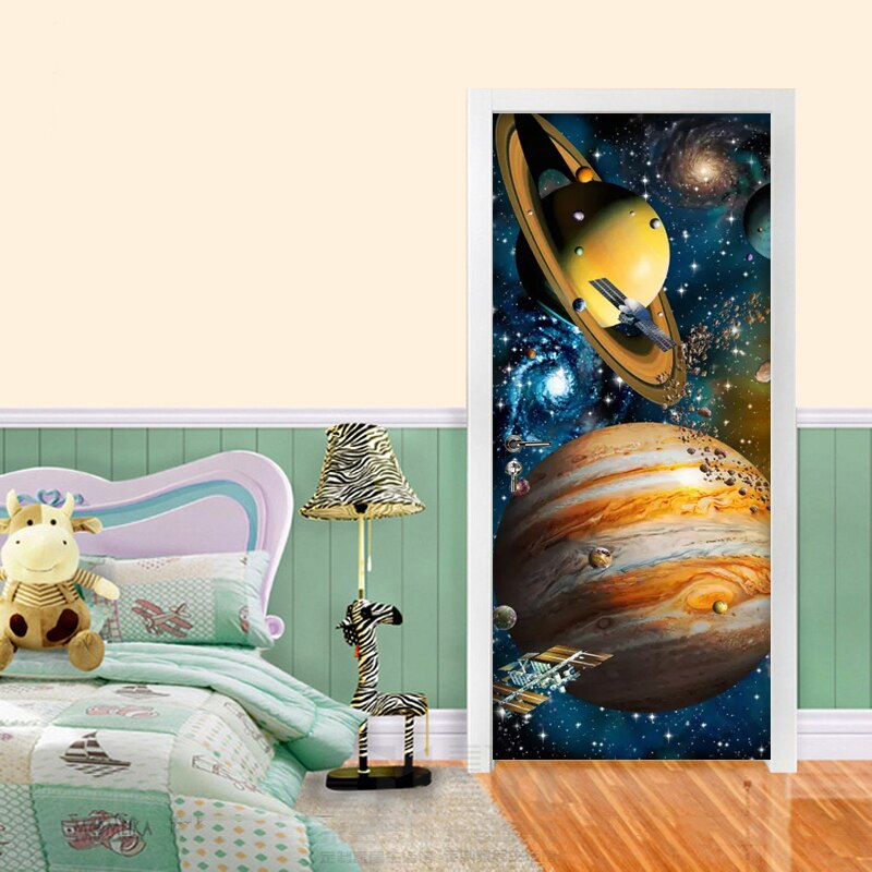 Selvklebende pvc dørklistremerke univers star sky planet 3d plakat fototapet for barnerom soverom dør veggmaleri klistremerker