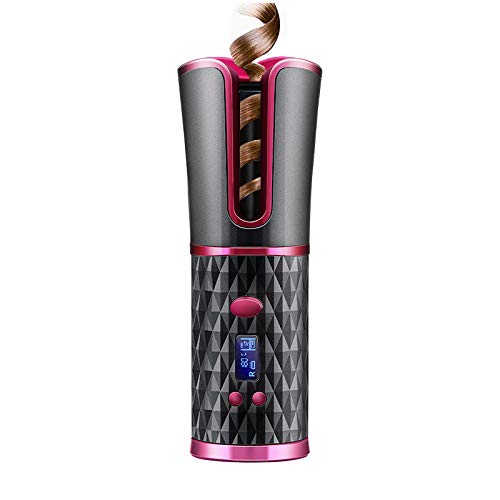 Rizador de pelo inalámbrico automático, plancha de cerámica giratoria, inalámbrica, recargable por USB, rizador Digital LCD: Black