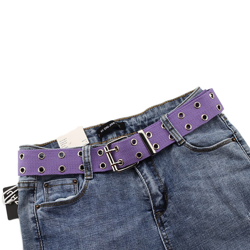 Harajuku Wide Canvas Web Double Grommet Hole Buckle Belt Female Male Waist Strap Belts for Women Men Jeans: Purple