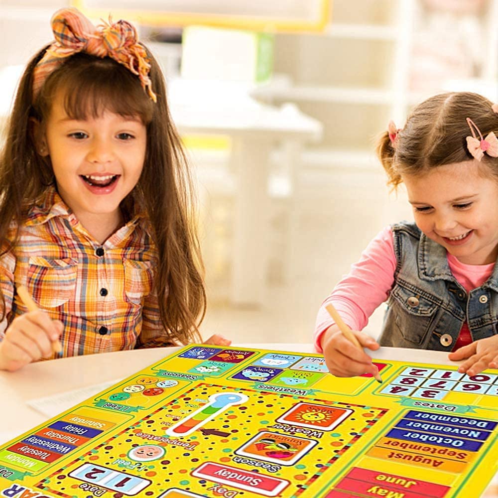 Daily magnetic calendar with hanging ring, early childhood education calendar move the magnet to display the time and weather