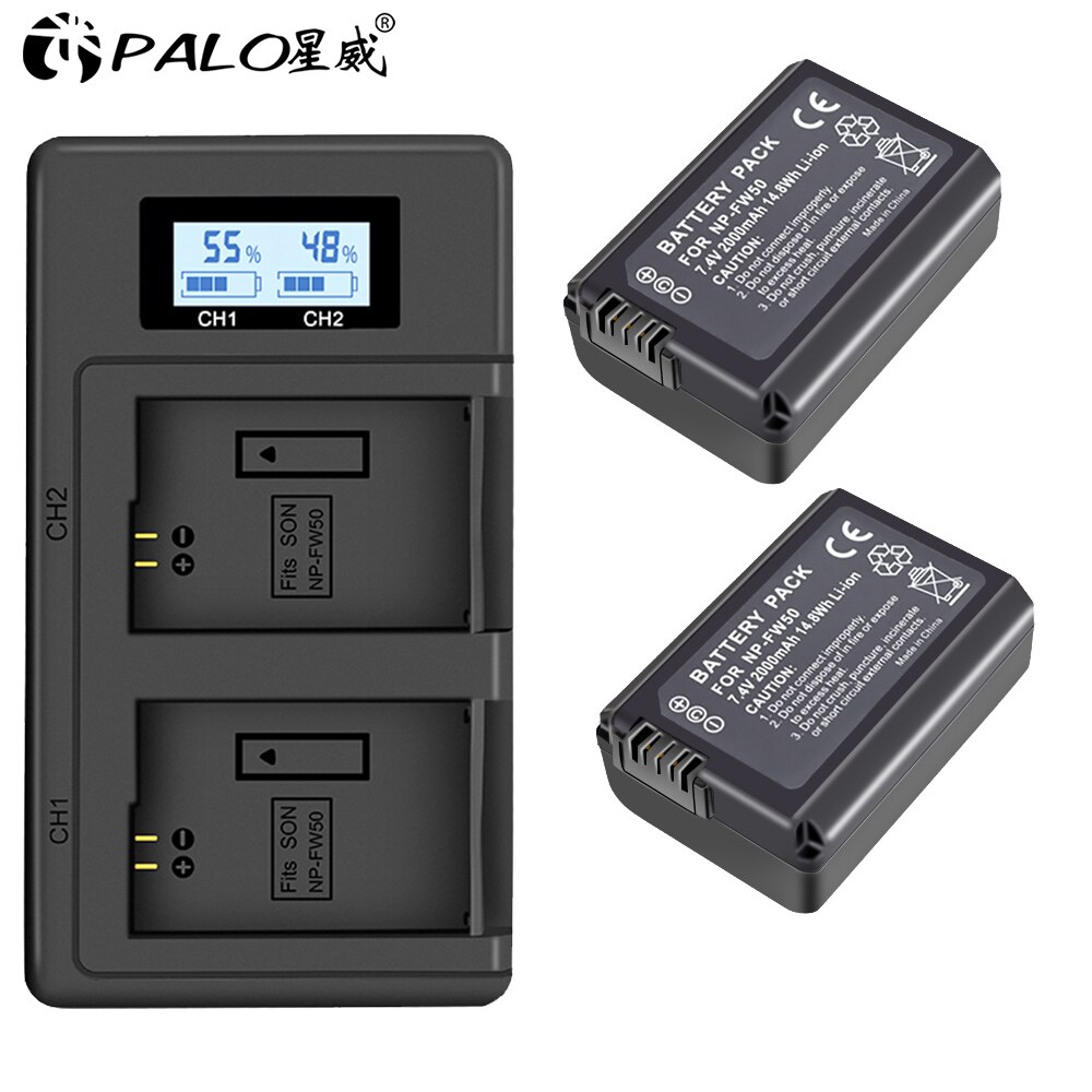 PALO-Batería de 2000mAh NP-FW50 NP FW50 NPFW50 Akku + LCD Dual para Sony Alpha a6500 a6300 a6000 a5000 a3000 NEX-3 a7 7R a7R a7R II: 2PCS and charger