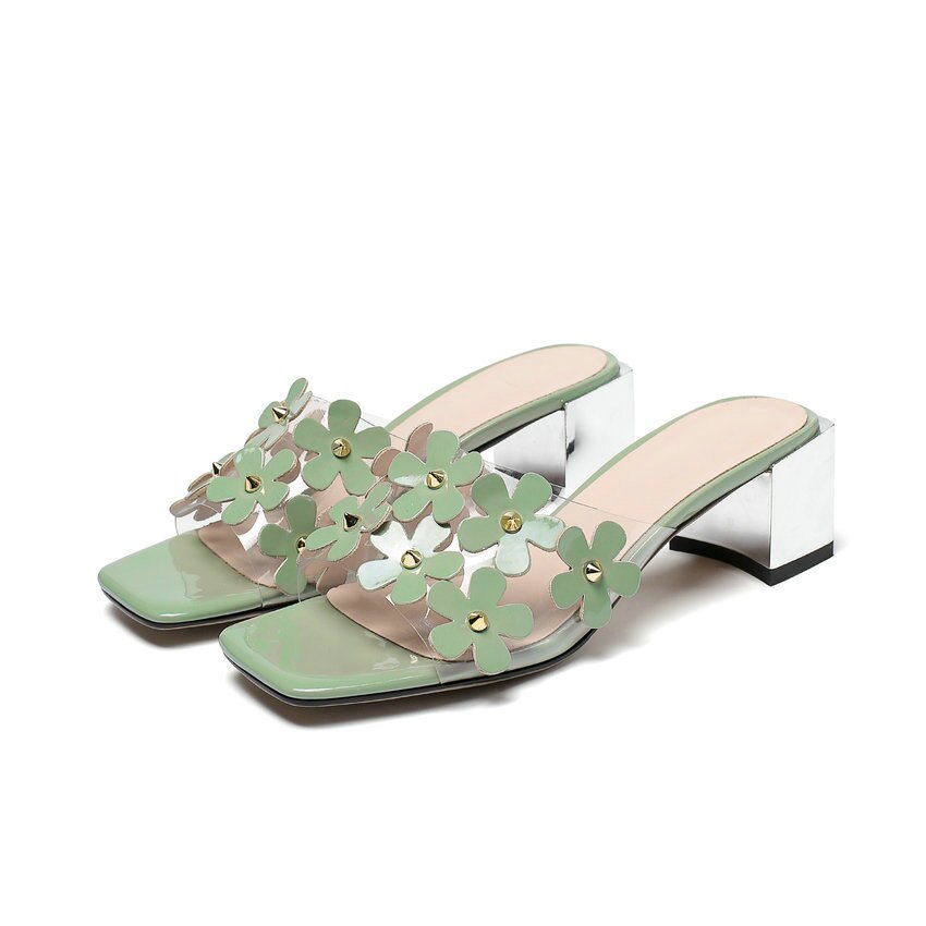 Qutaa Open Tenen Bloemen Sandalen Pu Leer Transparante Dames Pumps Zomer Vierkante Hak Slingback Vrouwen Schoenen Big Size 34-42: 5