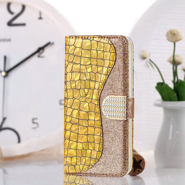 Funda con tapa para Huawei P Smart , carcasa inteligente con diamantes de imitación, cartera brillante para mujer, FIG-LX1: P Smart2019 (6.21in) / Oro