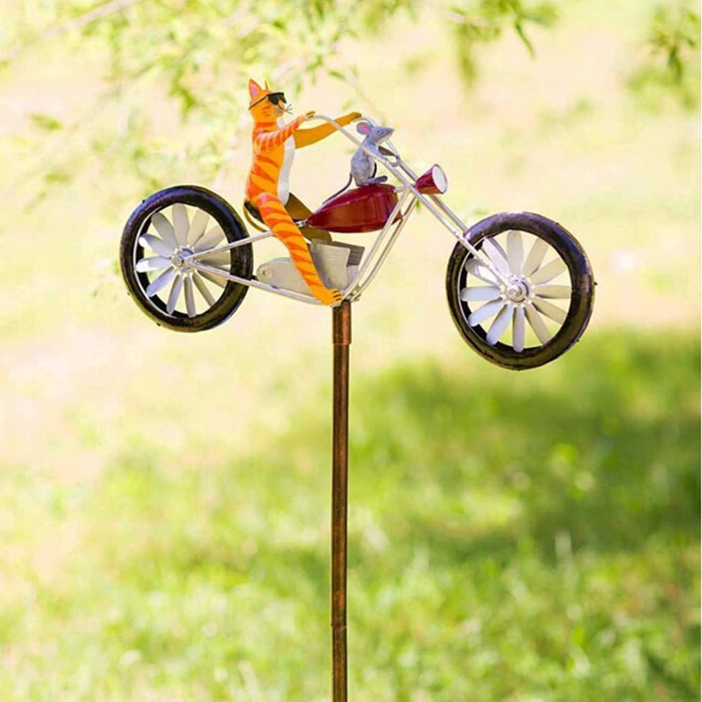 1 Set Wind Spinner Cats Riding Bike with Motorcycle Metal Delicate Wind Spinner for Garden