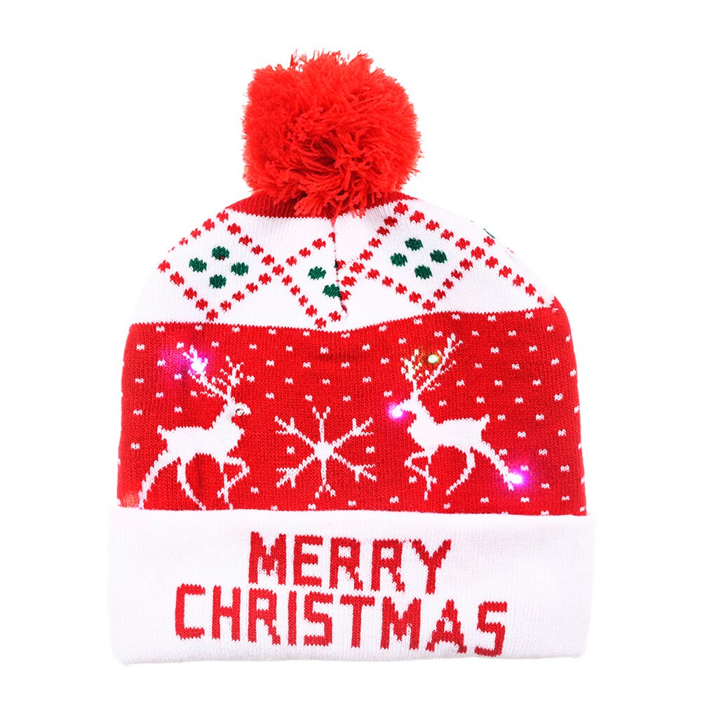 Färgglada led-ljus jul hatt snögubbe tecknad mönster lysande stickad mössa mössa för barn vuxna xmas festival fest: 01