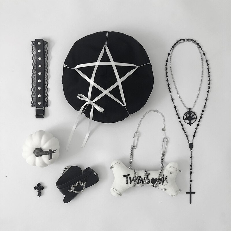 Harajuku Gothic Pentagram Black Beret Hats Women's Punk Wool Warm Painter Caps Autumn Winter Chic Streetwear