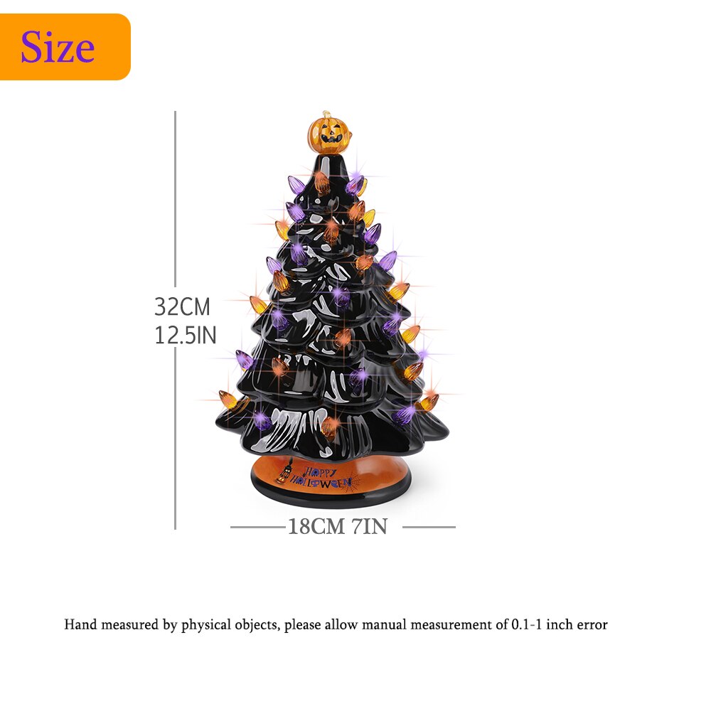 Halloween Christmas Ceramic Tree with Orange and Purple Lights,Tabletop Decor Tree with Pumpkin Top and Halloween Tree Collar