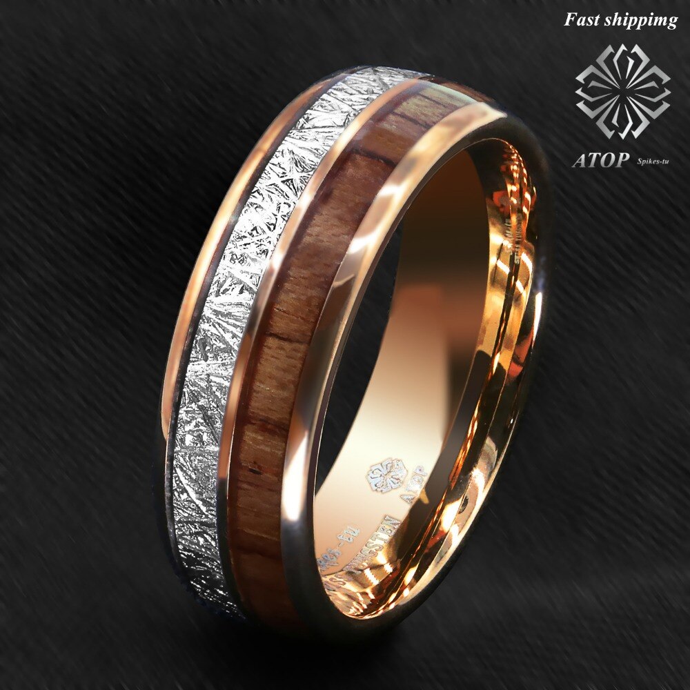 8mm Rose Gold Dome Tungsten Ring Zilver Koa Wood Inlay Bridal ATOP Mannen Sieraden