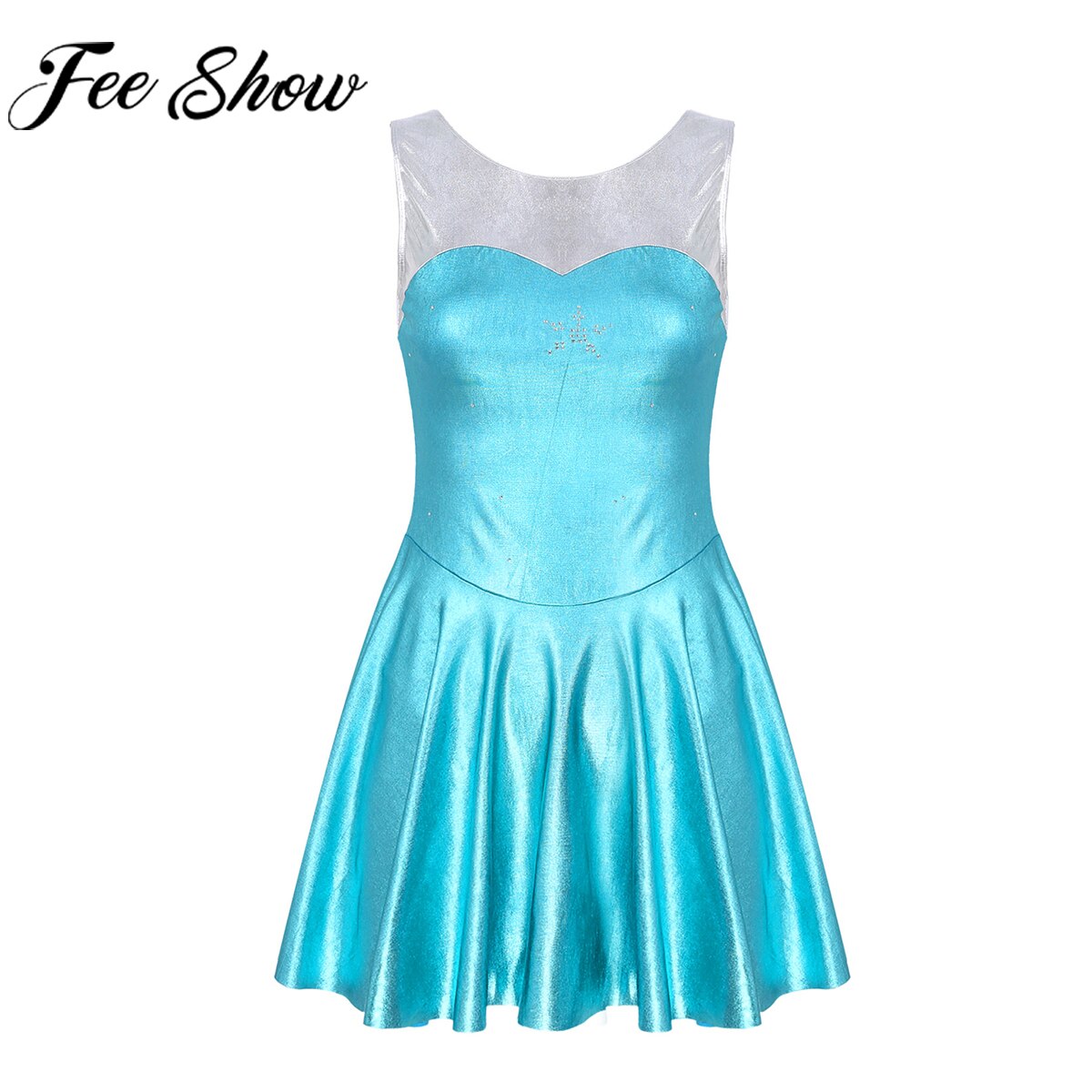 Women Ballroom Dance Dress Figure Skating Dancewear Shiny Metallic Rhinestone Decor Round Neck Mini Dresses with Briefs