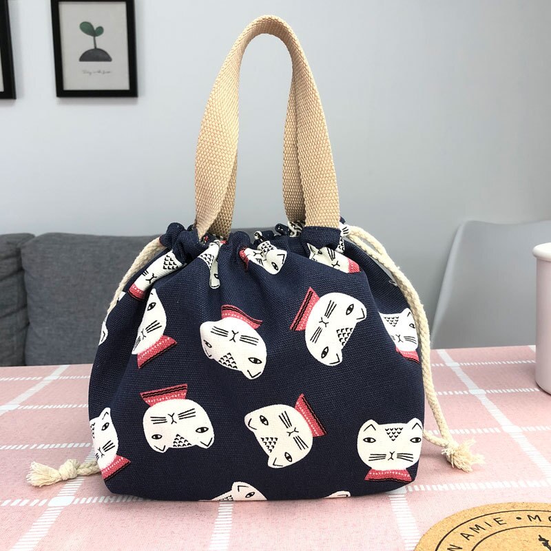 Canvas Print Picnic Lunch Bag Drawstring PortableTote Bag Food Storage Box for Women Cartoon Printing Fruit Thermal Bags: 10