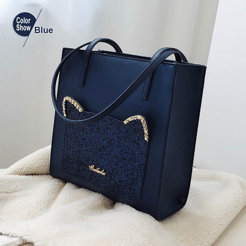 Beibaobao Mode Pailletten Kat Vrouwen Tassen Grote Schoudertassen Dames Luxe Pu Leer Totes Bag Leuke Vrouwen 'S Handtassen: Blauw