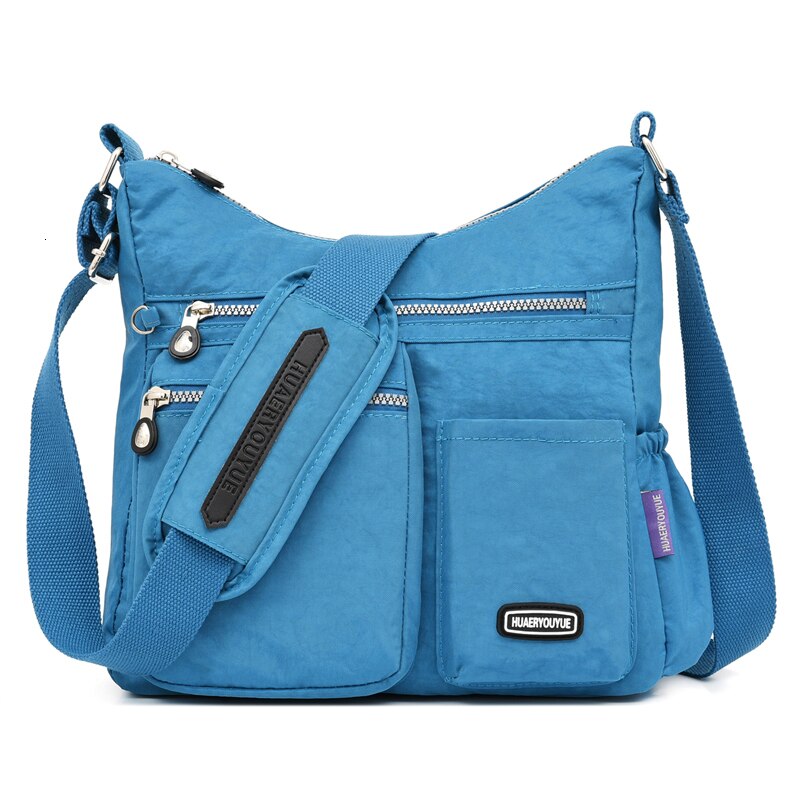 Kvinner nylon skuldervesker multi glidelås lomme budvesker vanntett crossbody bag topphåndtak ryggsekk veske tote: Havblått