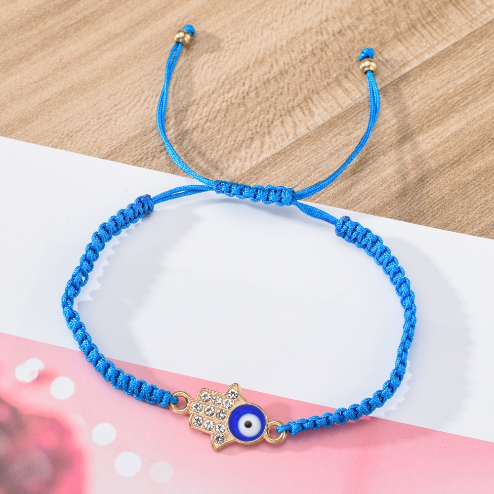 Pulseira feminina de 12 fábricas, bracelete trançado ajustável, corrente, azul turco, mau olhado strass