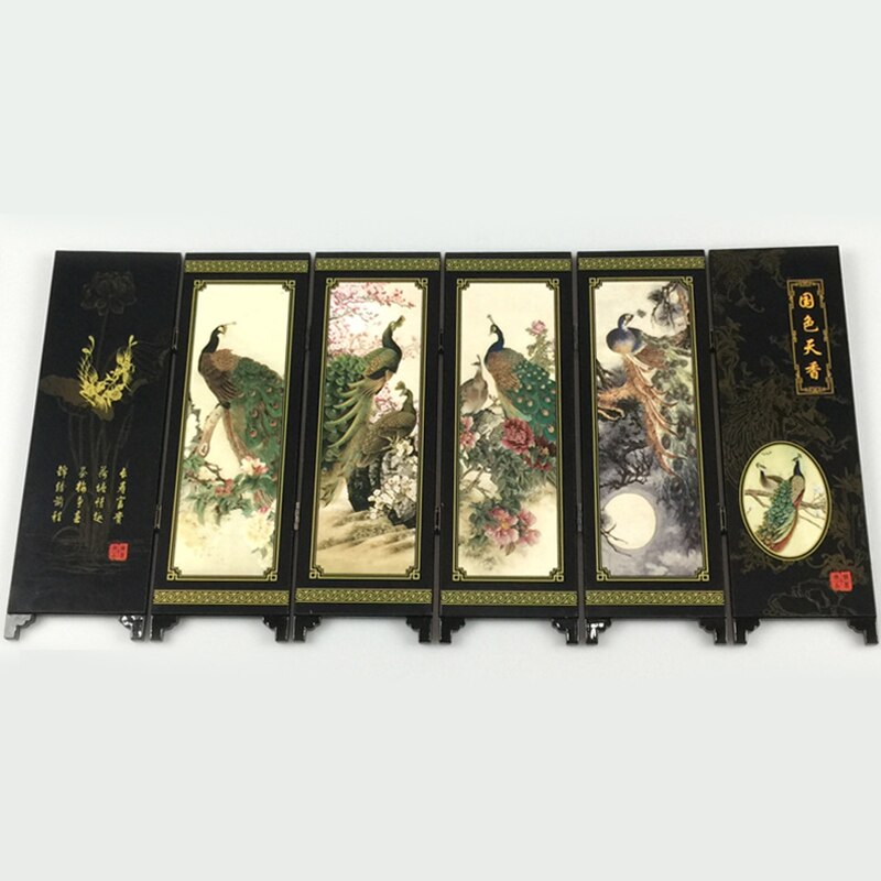 Mini room divider foldeskærm 6 panel påfugl trykt lærred bordplade træ kinesisk kunst boligindretning bryllup dekor