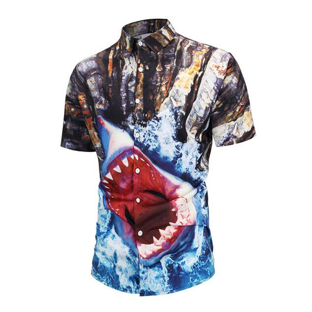 Zomer Mens Shark Shirts Korte Mouw Afdrukken Slim Mannen Blouse Casual Kleding Strand Overhemd